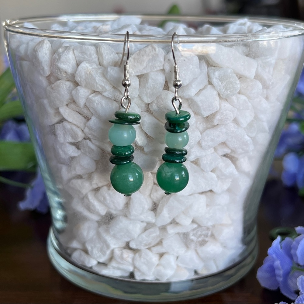 Aventurine Stone Natural Shell Earrings Luck and Prosperity Green Aqua